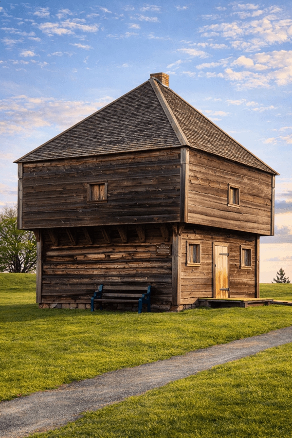 Historic wooden blockhouse at Fort Edward National Historic Site in Windsor Nova Scotia