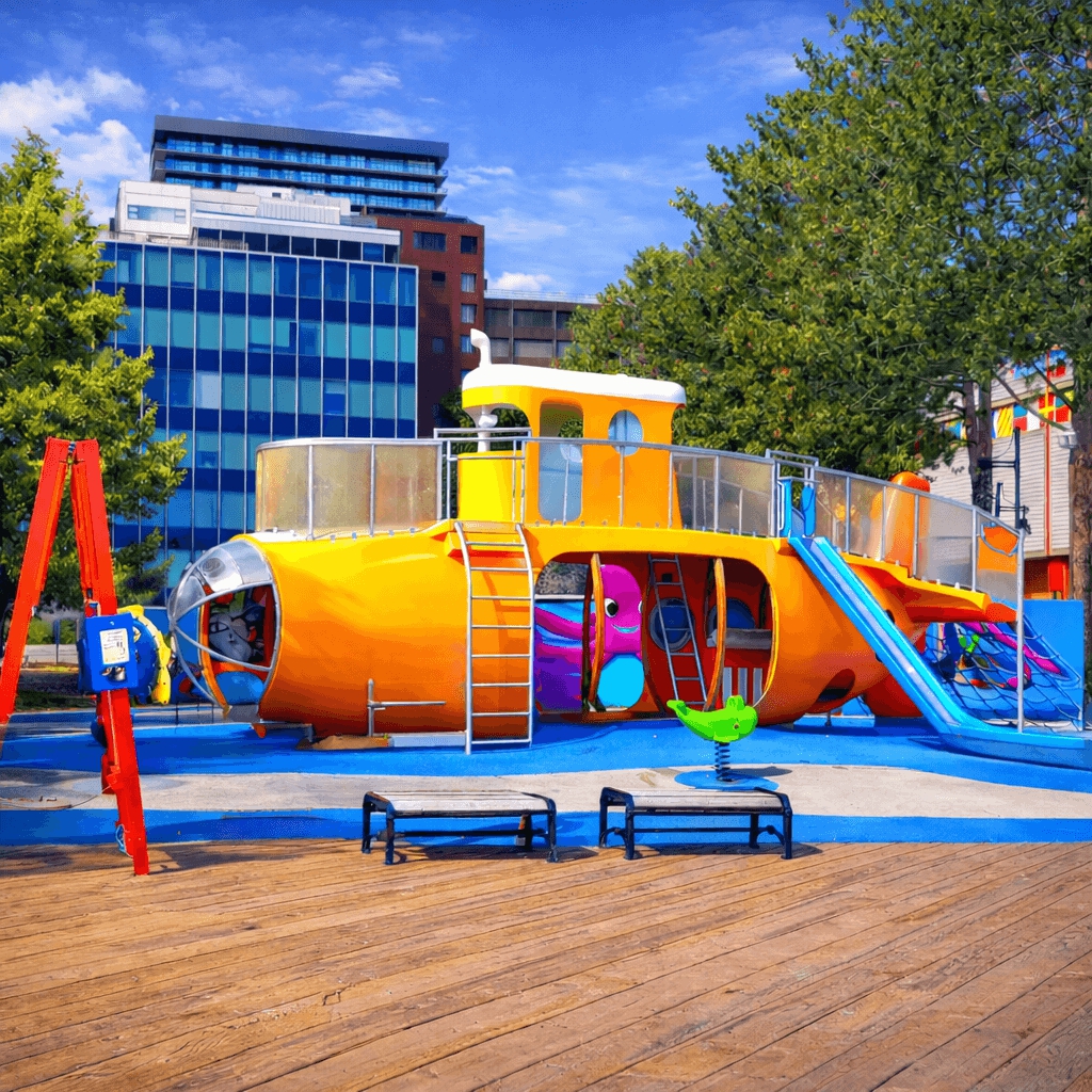 Colourful submarine-themed playground on the Halifax Waterfront boardwalk in Nova Scotia