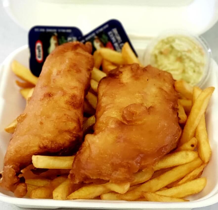 Fresh fish and chips from Shore Thing Takeout in Cheverie, Nova Scotia, a favourite Bay of Fundy lunch stop near NATURA Wilderness Resort