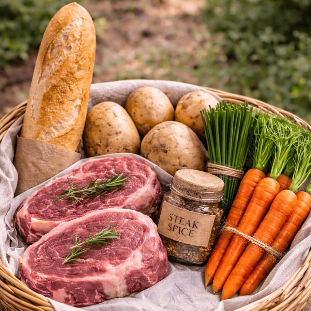 Steak dinner basket with steaks, fresh vegetables, potatoes, baguette, chives, and seasoning ready for cooking